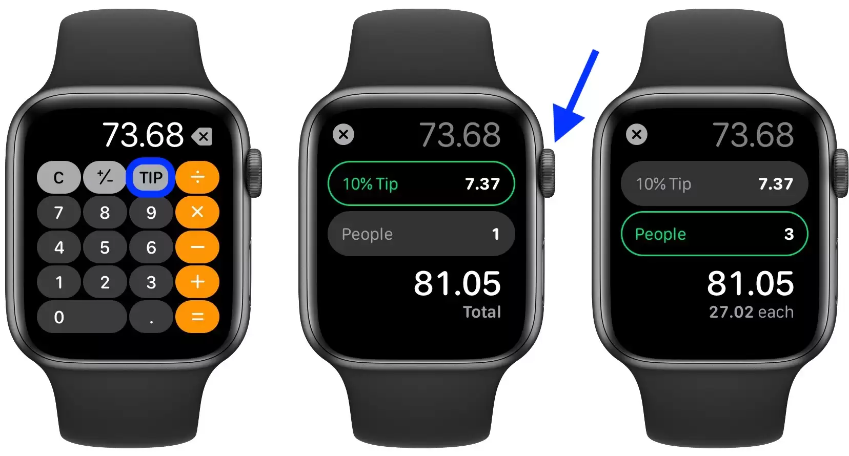 如何在 Apple Watch 上使用拆分的帐单和小费计算器功能? 如何在 Apple Watch 上使用拆分的帐单和小费计算器功能?