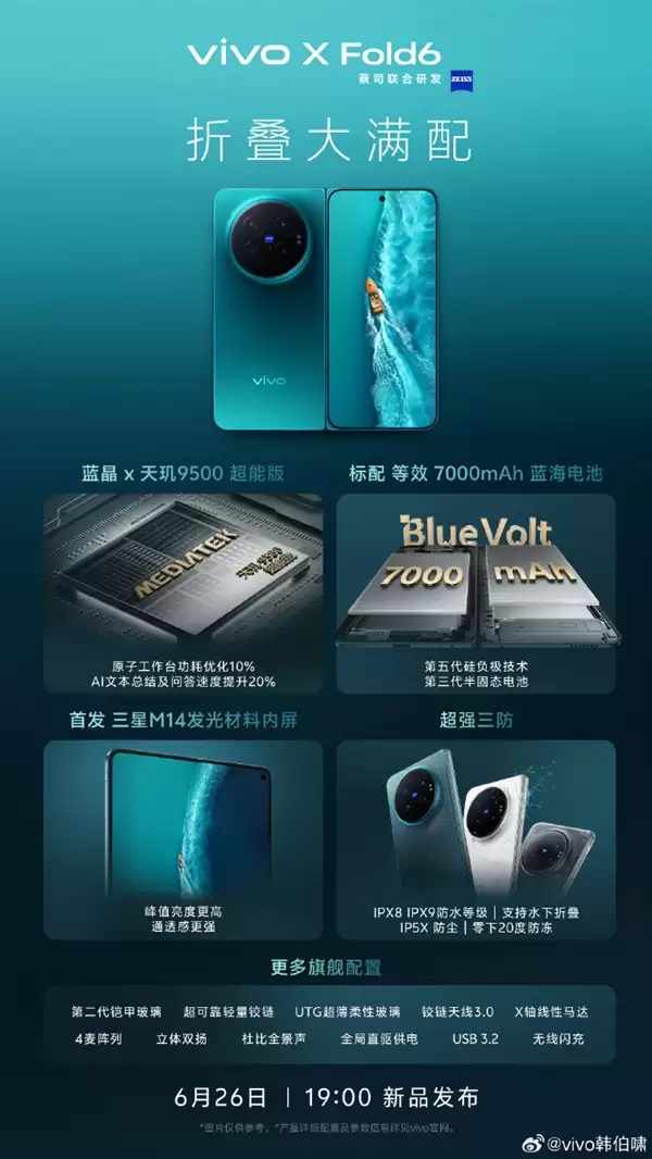 vivo X Fold6疯狂堆料！核心规格一文看懂：首发天玑9500超能版、最强影像