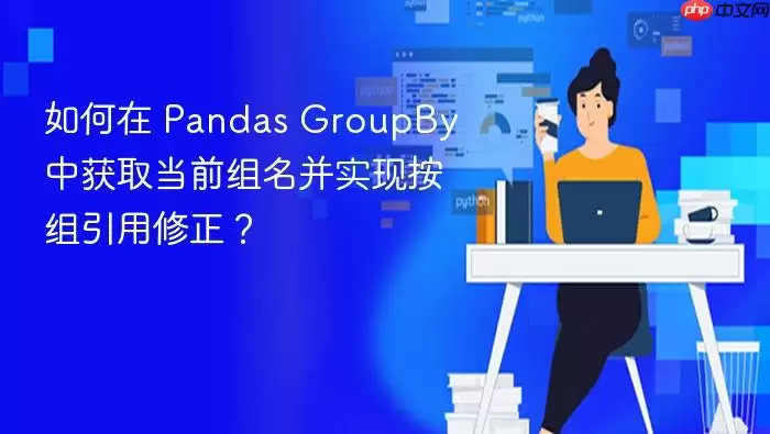 如何在 Pandas GroupBy 中获取当前组名并实现按组引用修正？