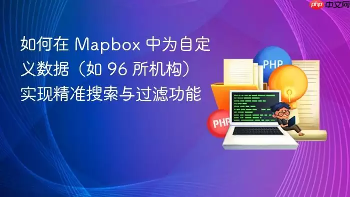 如何在 Mapbox 中为自定义数据（如 96 所机构）实现精准搜索与过滤功能