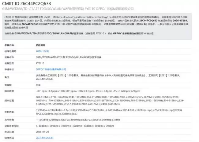 OPPO PYE110 手机入网：配备 7820mAh 大容量电池 预估为 A7 系列成员