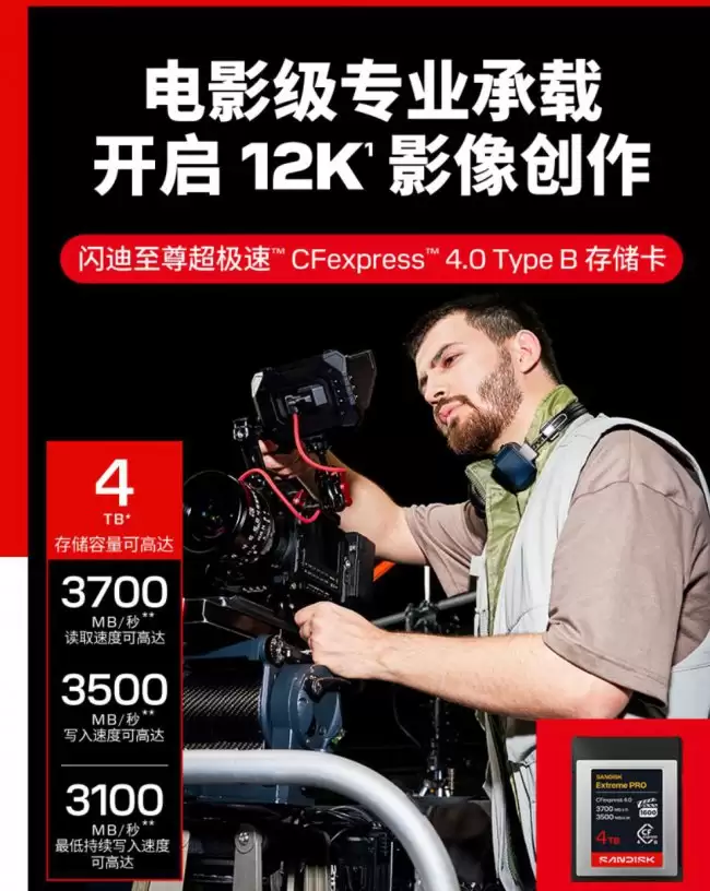 闪迪推出至尊超极速 CFexpress 4.0 TypeB 存储卡：读速达 3700MB/s、提供 128G-4T 容量 3499 元起