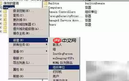 在域名上右键选择新建组织单位