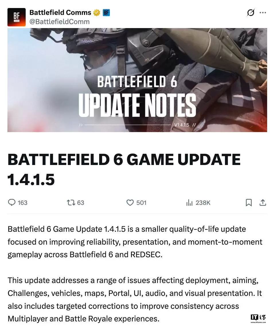 EA为《战地6》推出1.4.1.5更新：修复RTX50系显卡崩溃问题