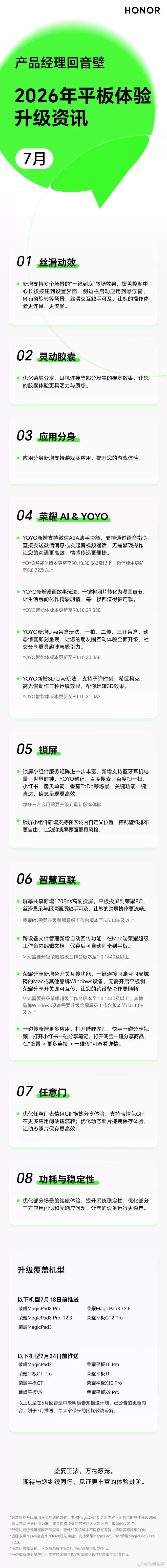 荣耀MagicOS平板7月更新公布：YOYO新增支持微信A2A助手功能