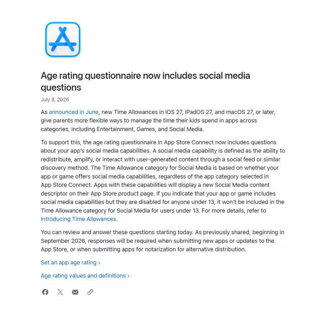 苹果 App Store Connect 年龄分级问卷更新社交媒体问题 开发者 9 月起必须填写