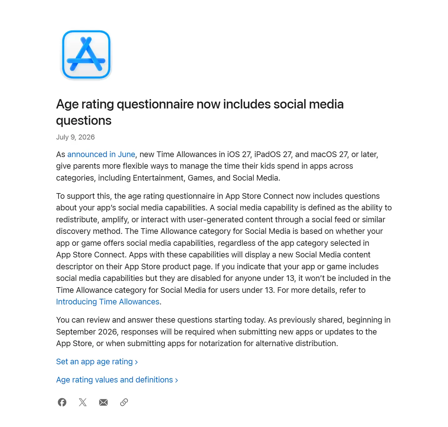 苹果App Store Connect年龄分级问卷新增社媒问题,9月起需必填