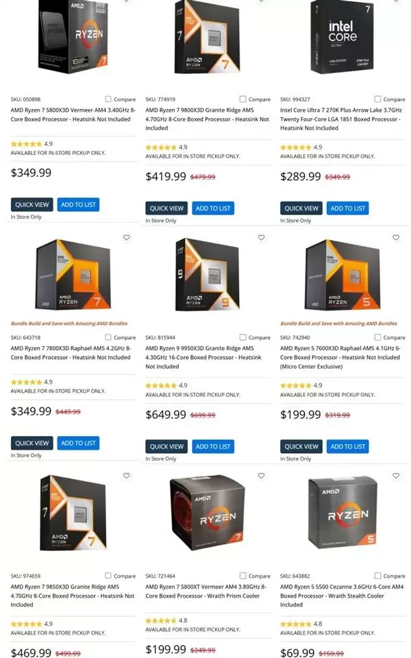 AMD锐龙X3D处理器霸榜Micro Center销量前