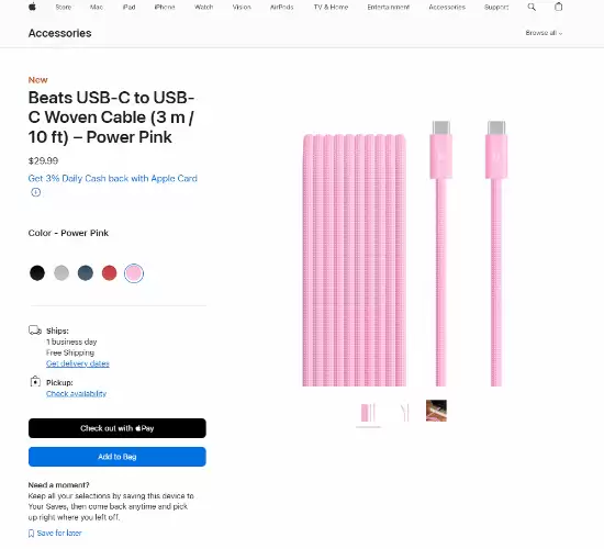 苹果官网上新Beats 3米USB-C编织线，五色可选含