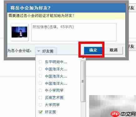 发送好友申请时的验证消息与分组选择界面