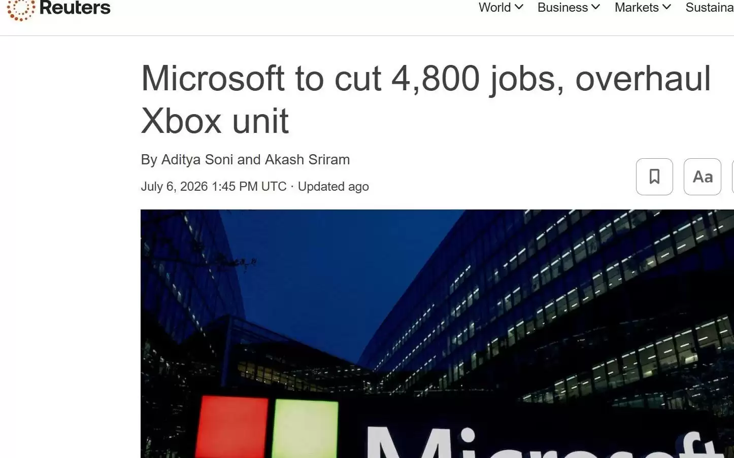 外媒：微软宣布裁员4800人并重组Xbox业务