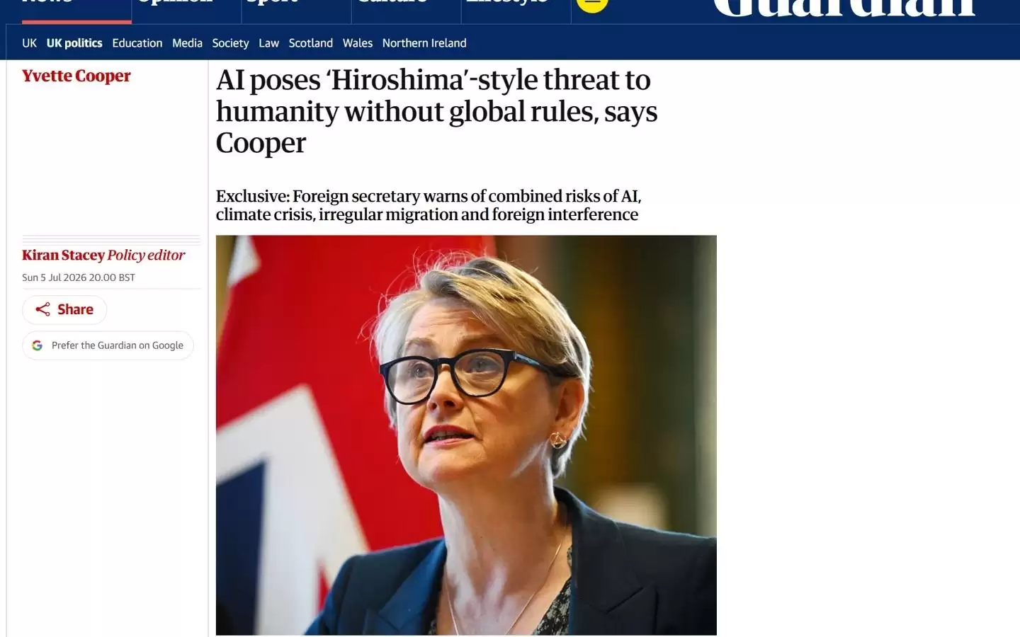 英国外交大臣库珀警告：AI或成未来10年最大安全挑战