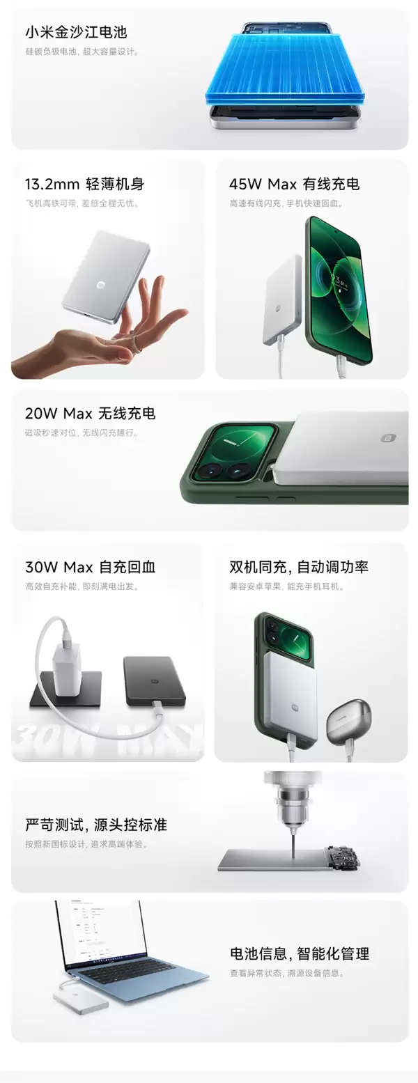 小米新款金沙江磁吸充电宝10000mAh获认证:新增USB-C自带线