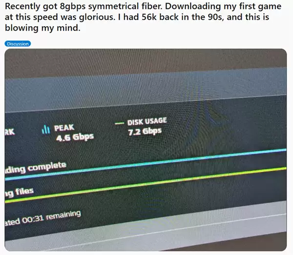 玩家晒刚开通8Gbps光纤宽带：这网速1080P文件3秒下完