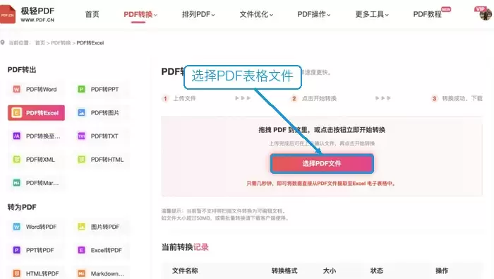 上传需要转Excel的PDF文件