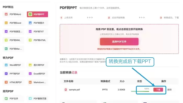 PDF转PPT完成后下载文件