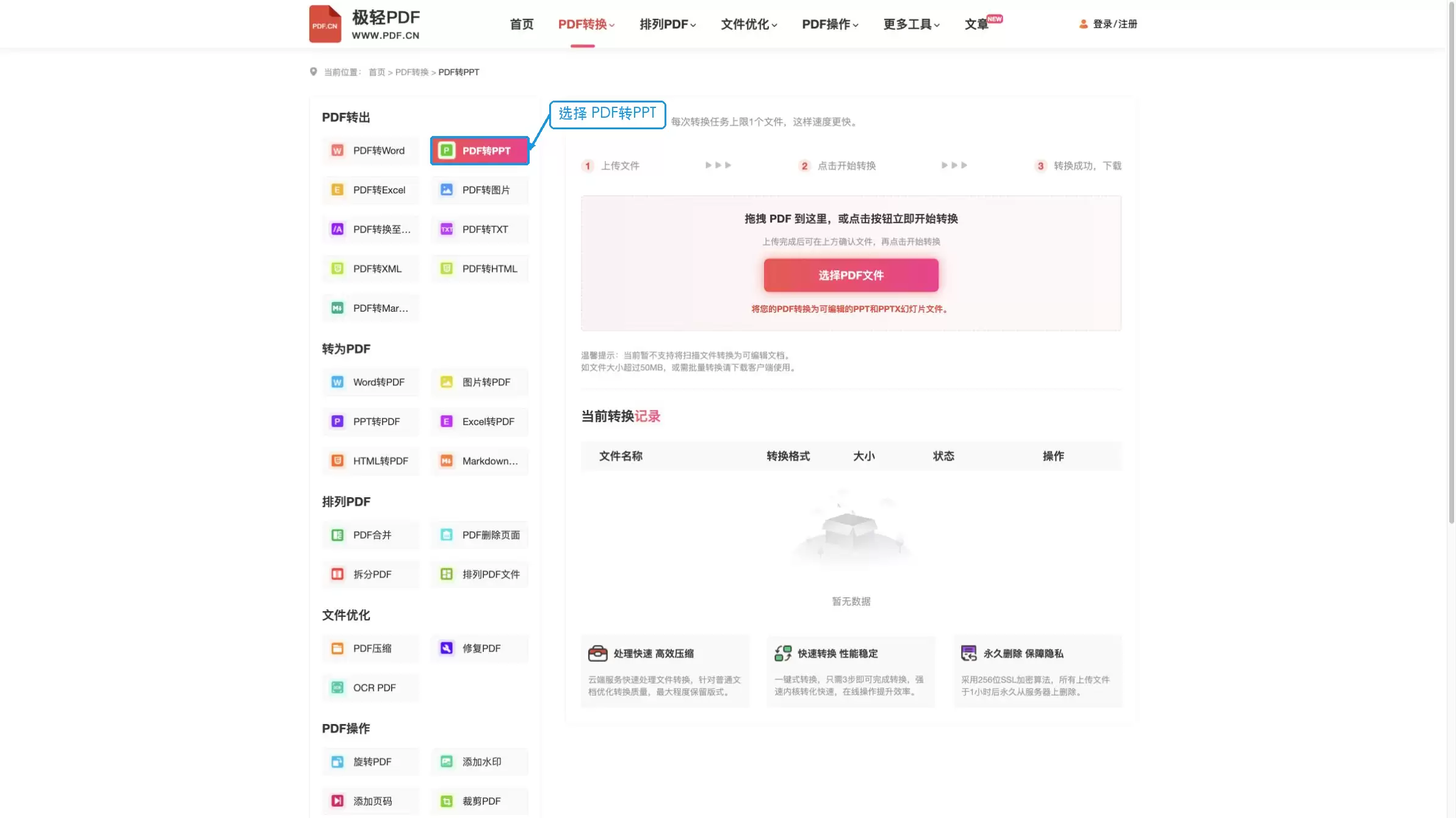 极轻PDF完整页面中选中PDF转PPT入口