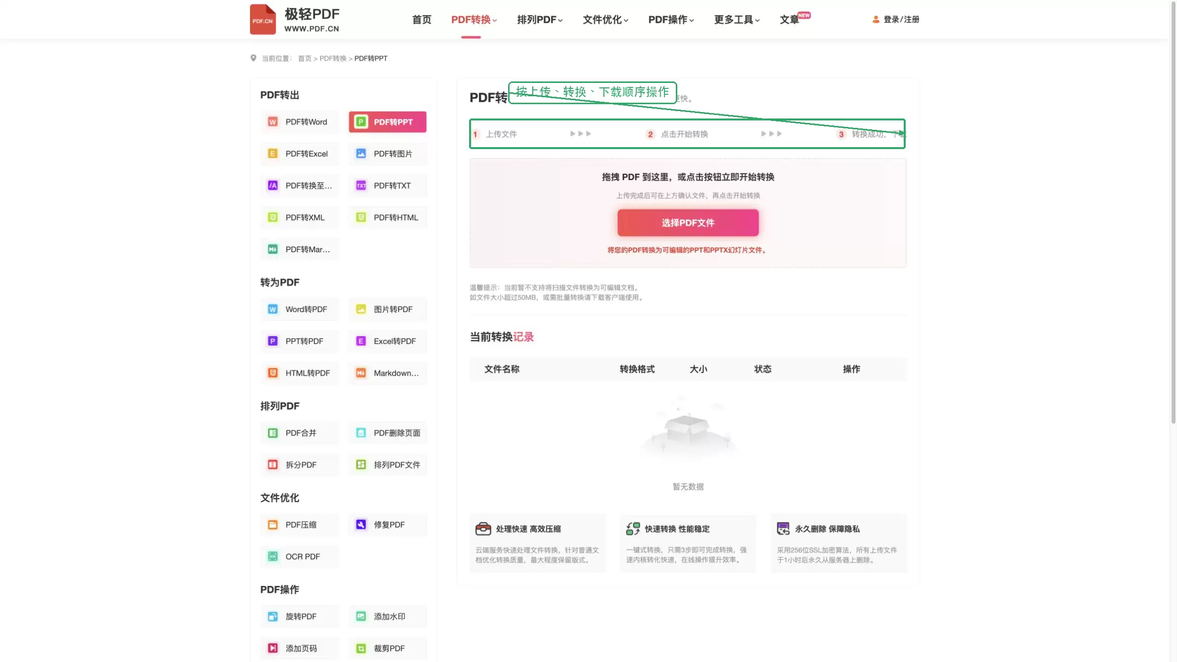 极轻PDF PDF转PPT页面的上传转换下载流程