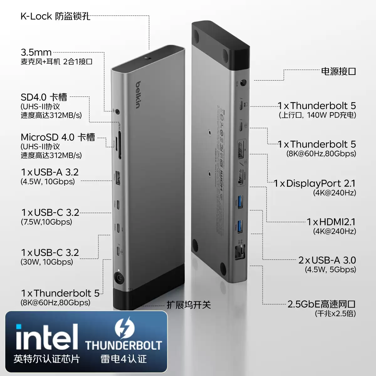 贝尔金 14 合 1 雷电 5 拓展坞开售:支持 140W PD 供电,2299 元