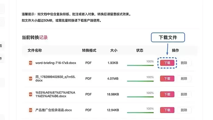 下载转换后的PDF文件