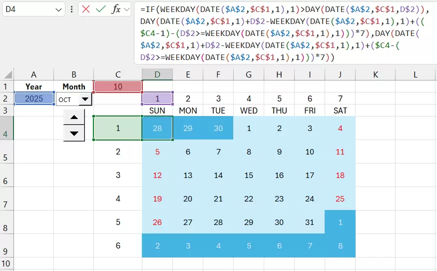 Excel 使用公式生成动态日历日期区域