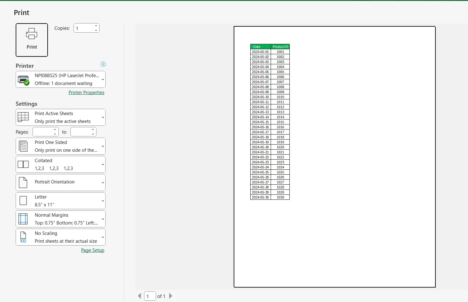 Excel 打印预览界面，显示页边距、缩放比例及表格在纸张上的完整布局