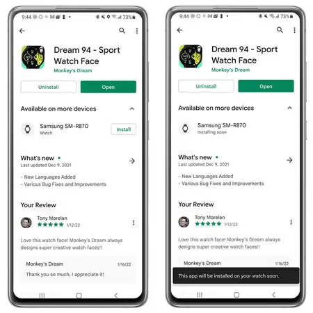Google Play页面显示手表应用可安装到Samsung手表设备