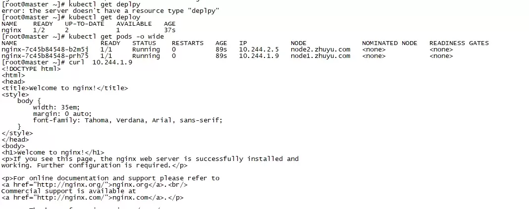 kubectl 终端输出显示 nginx Deployment 可用且 Pod 处于 Running