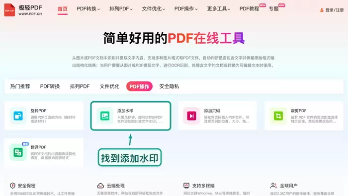 在首页找到添加水印工具,展示PDF功能区的入口位置