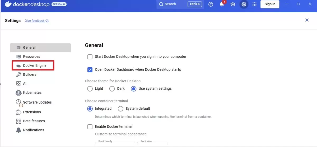 Docker Desktop设置页面中显示General配置和WSL相关选项