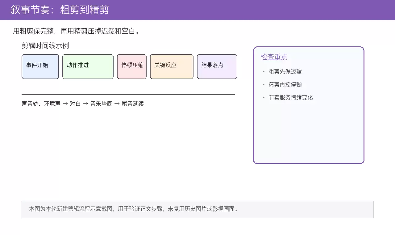 电影剪辑叙事节奏调整示意:展示通过压缩无效停顿来优化节奏的时间线对比