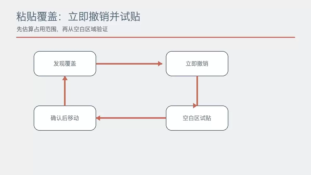 粘贴覆盖后撤销并在空白区域试贴的流程，展示撤销和试贴操作
