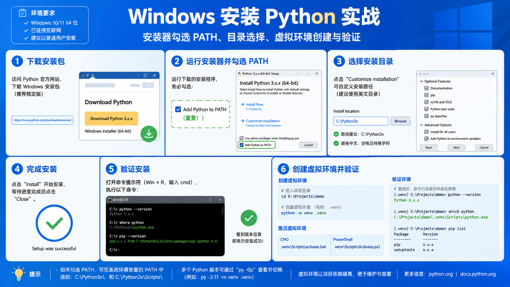 Windows 安装 Python：从官方入口到虚拟环境的可复现实践