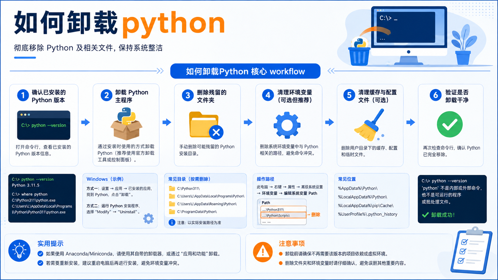 如何卸载python：环境隔离、依赖清理与验证流程的避坑指南