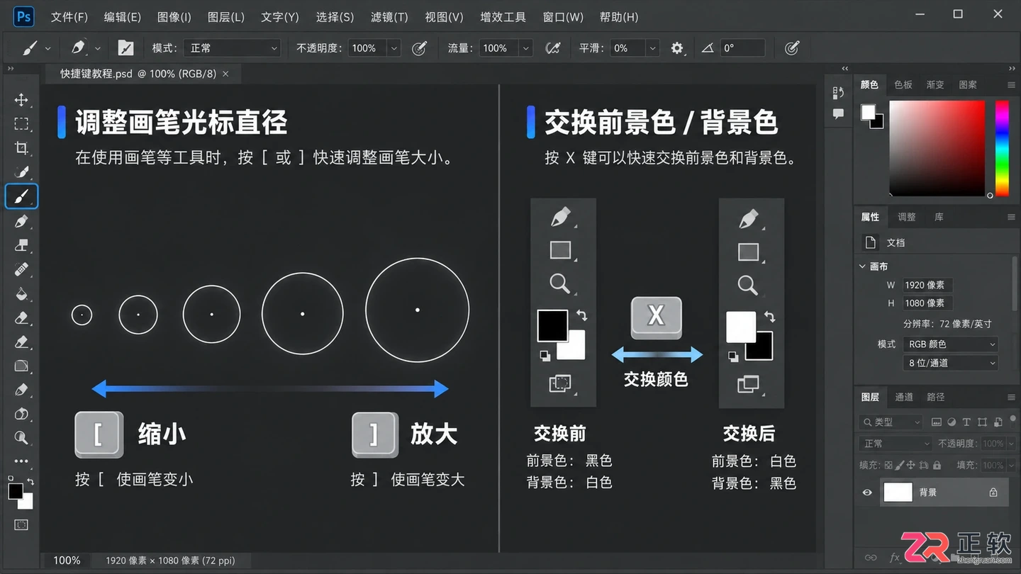 使用方括号调整笔刷及X键切换前景色