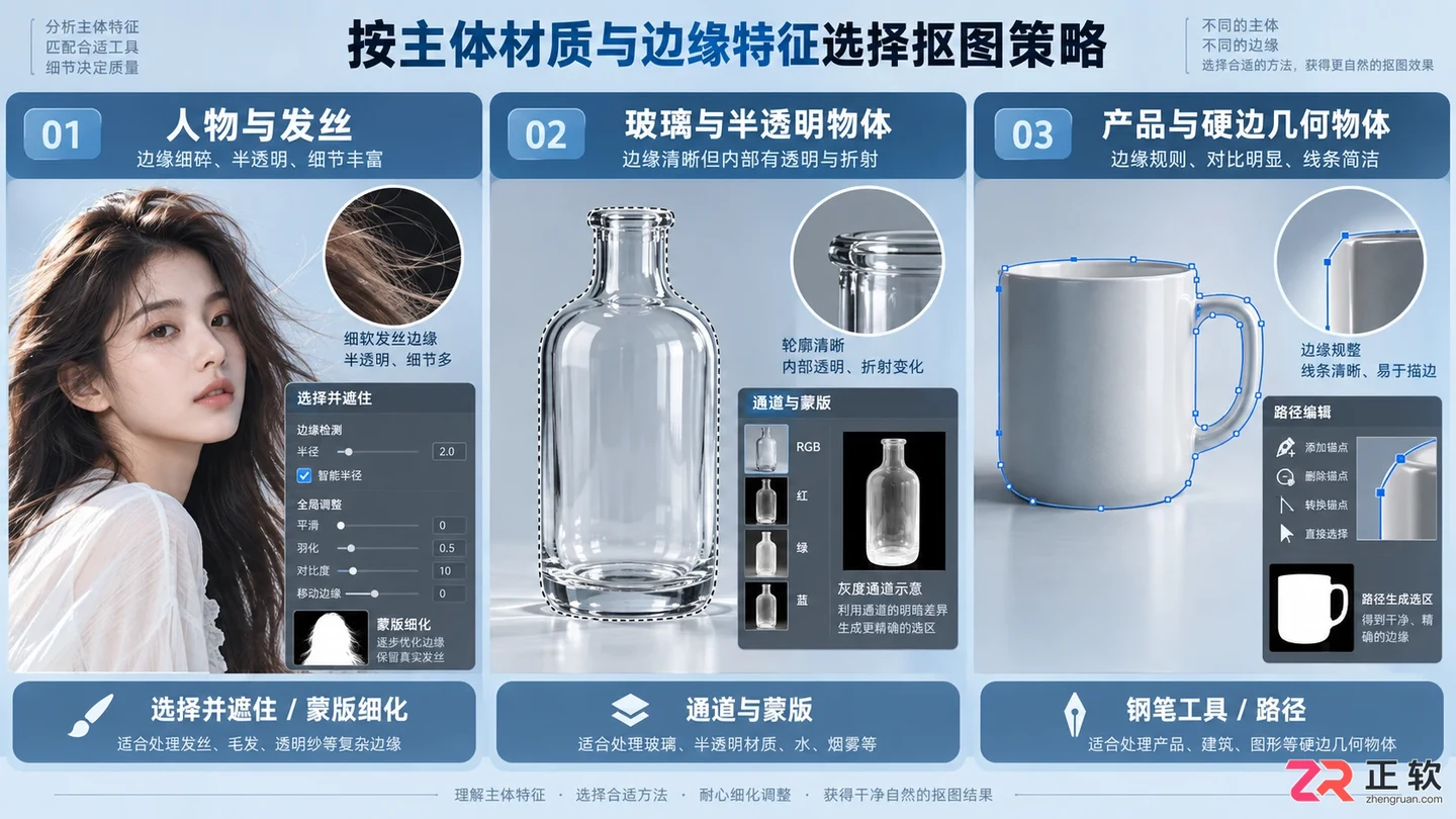 不同材质与背景复杂度对应不同的抠图策略
