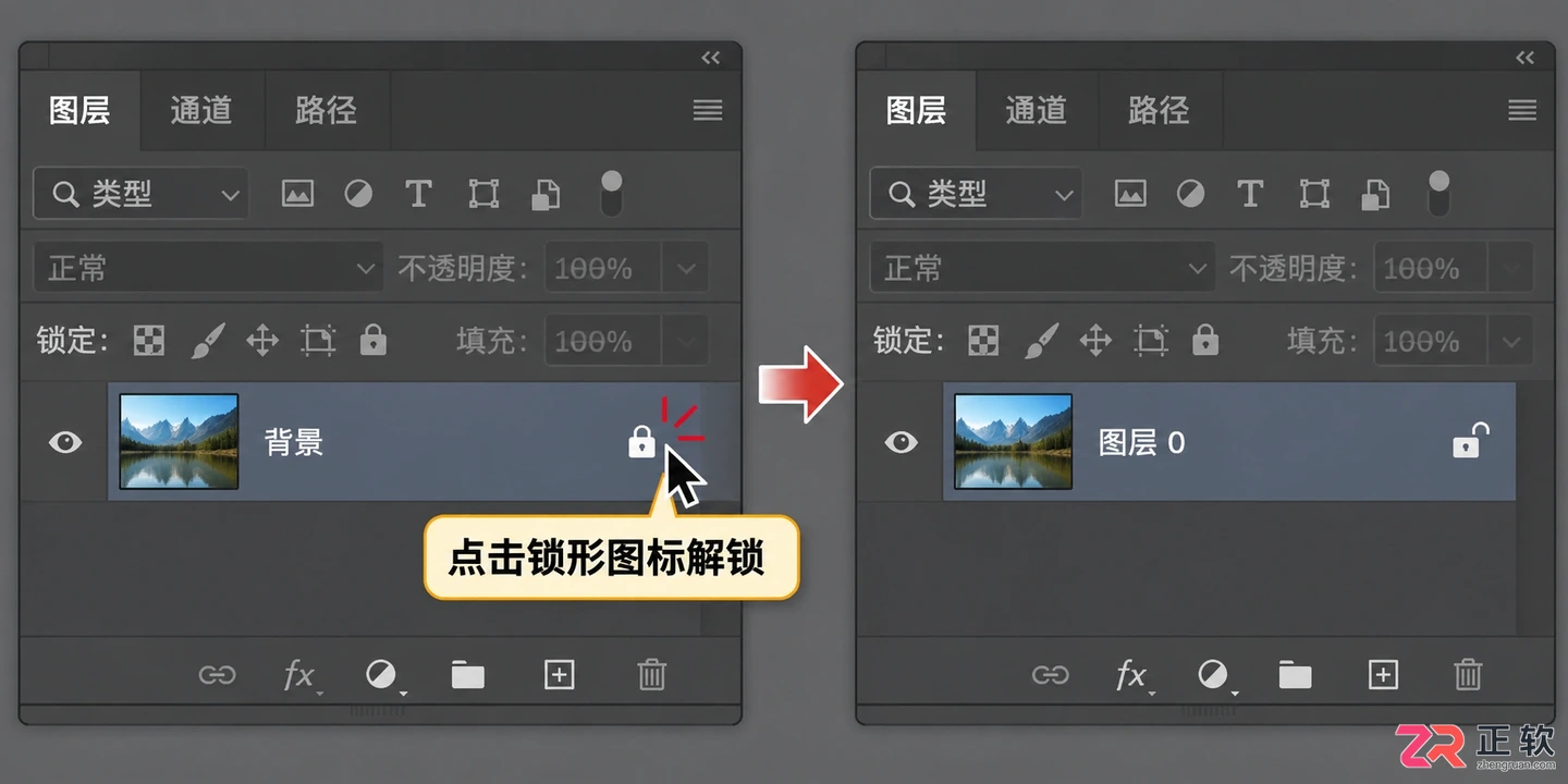 背景图层右侧的锁形图标，点击即可转换为普通图层