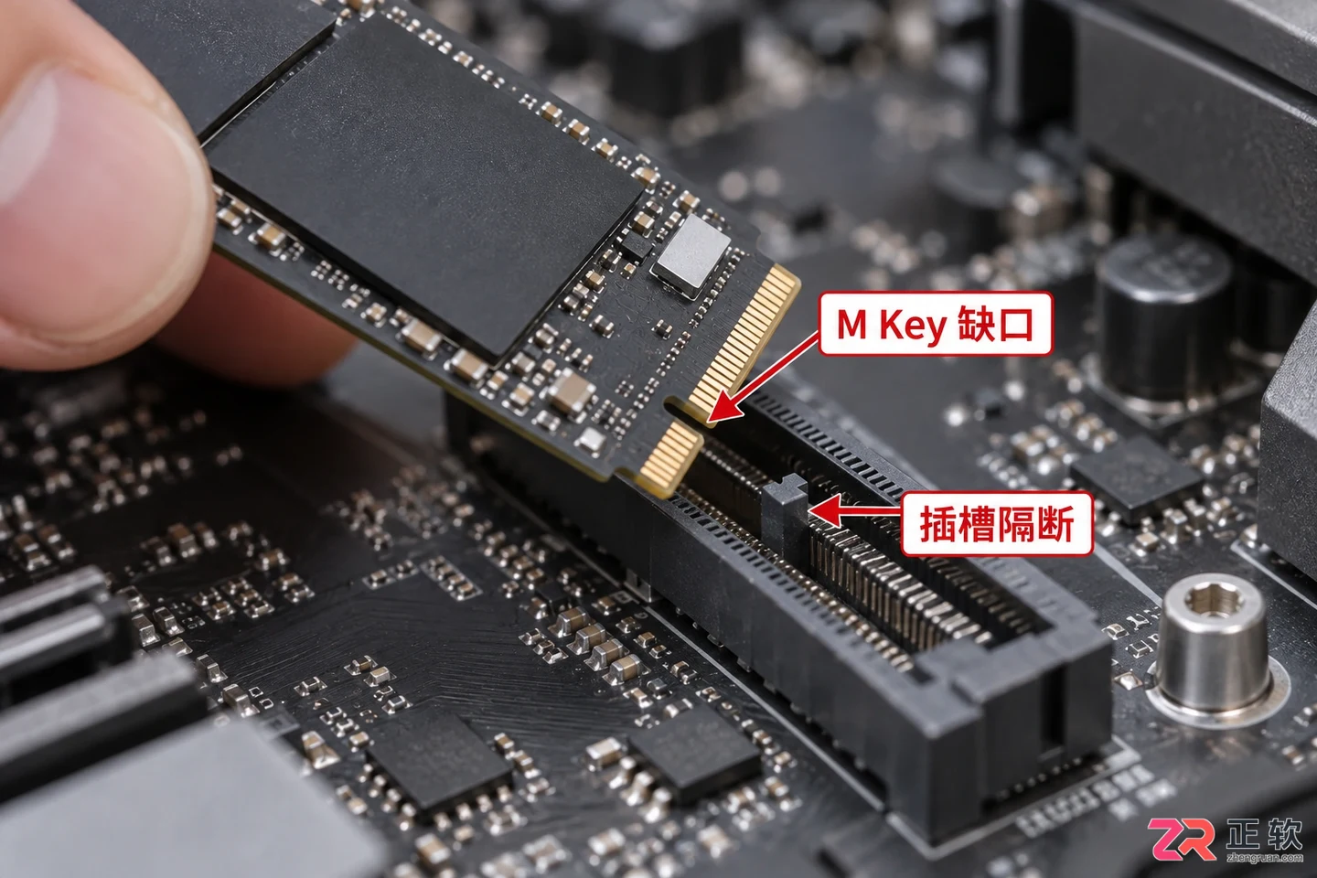 M.2 SSD金手指缺口与主板插槽隔断的对位示意