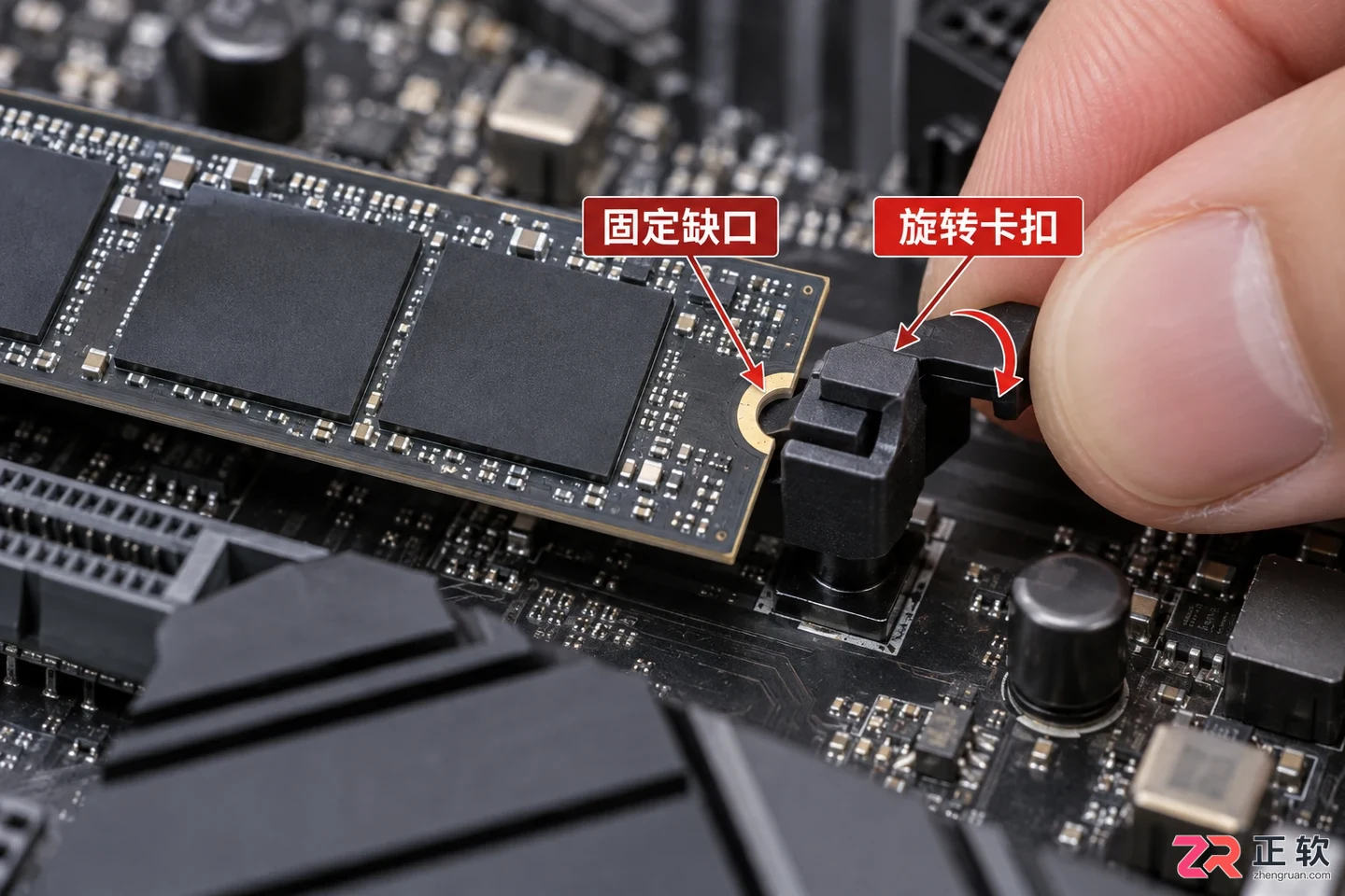 现代主板免螺丝卡扣固定M.2 SSD的操作