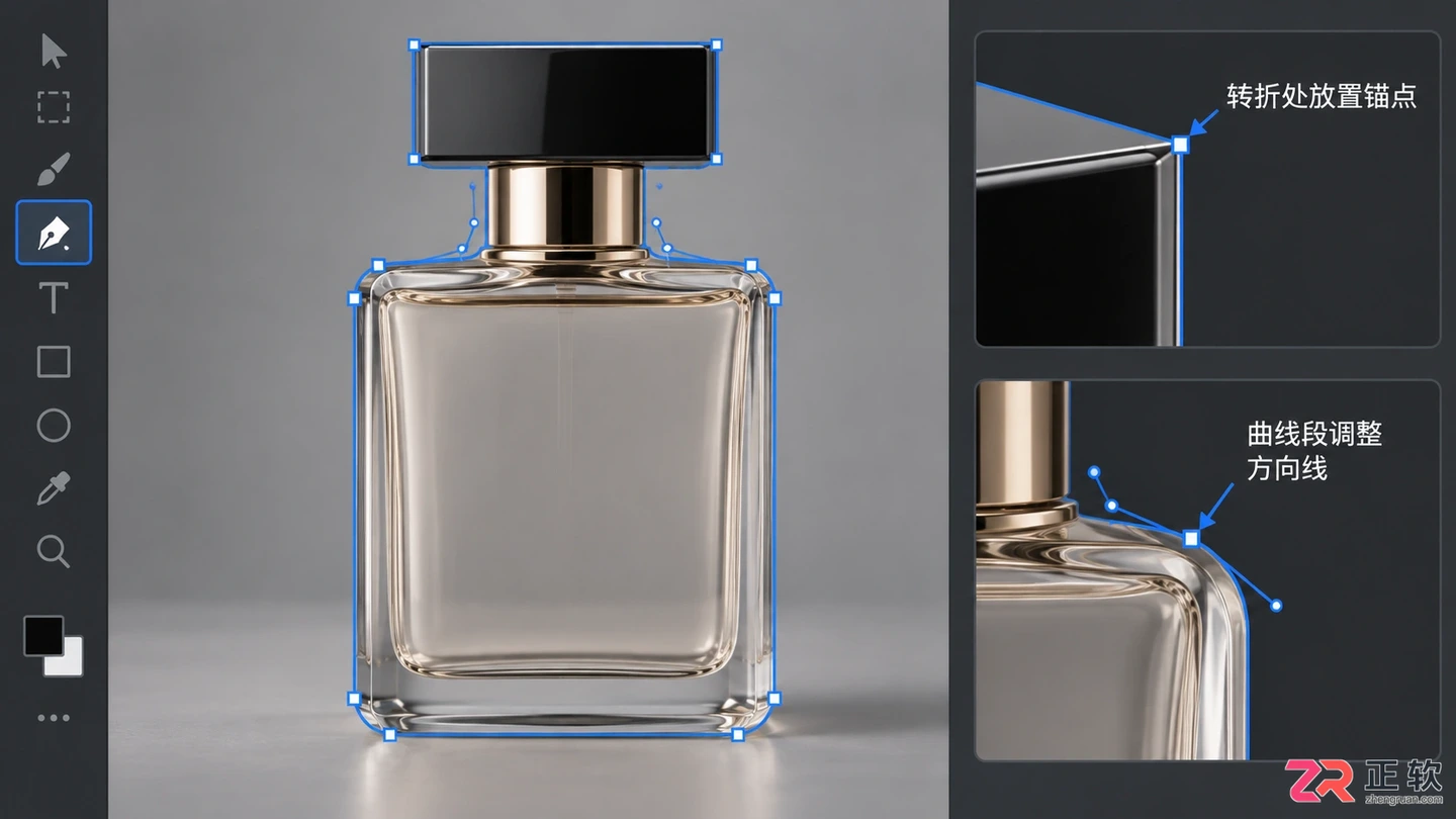 钢笔工具锚点与方向线控制精准路径