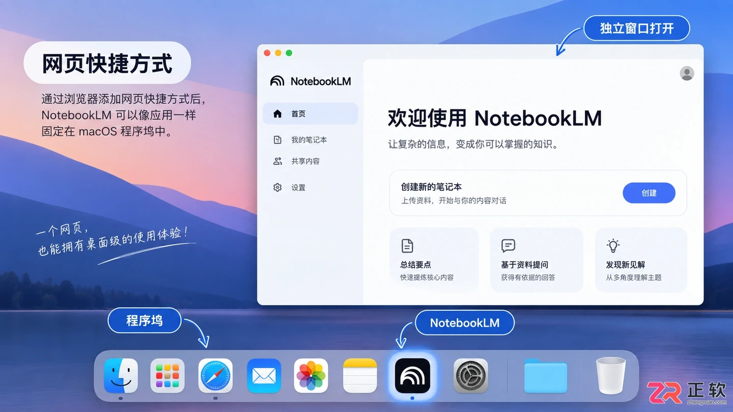 成功添加后,NotebookLM 以独立应用图标形式出现在 Mac 程序坞中