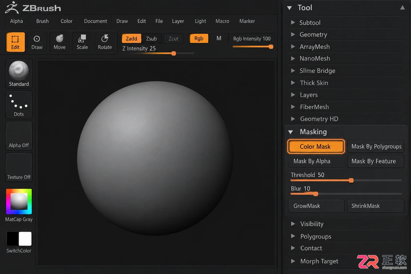 zbrush如何按颜色进行遮罩效果设置教程