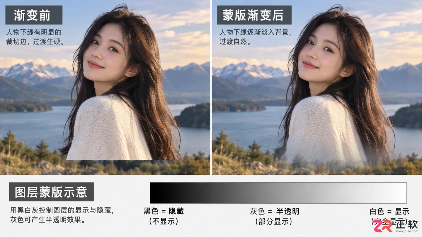 PS图层蒙版渐变怎么用?透明设置与边缘淡化步骤详解