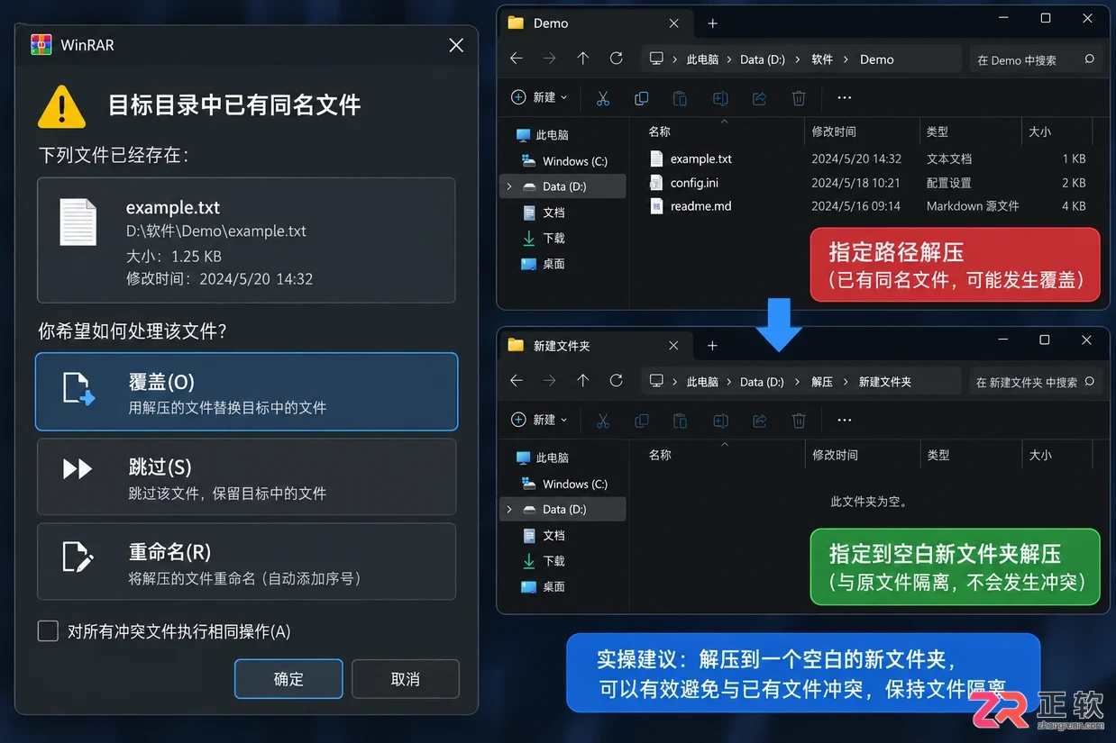 WinRAR怎么解压文件：右键菜单“解压到当前文件夹”与指定路径的区别