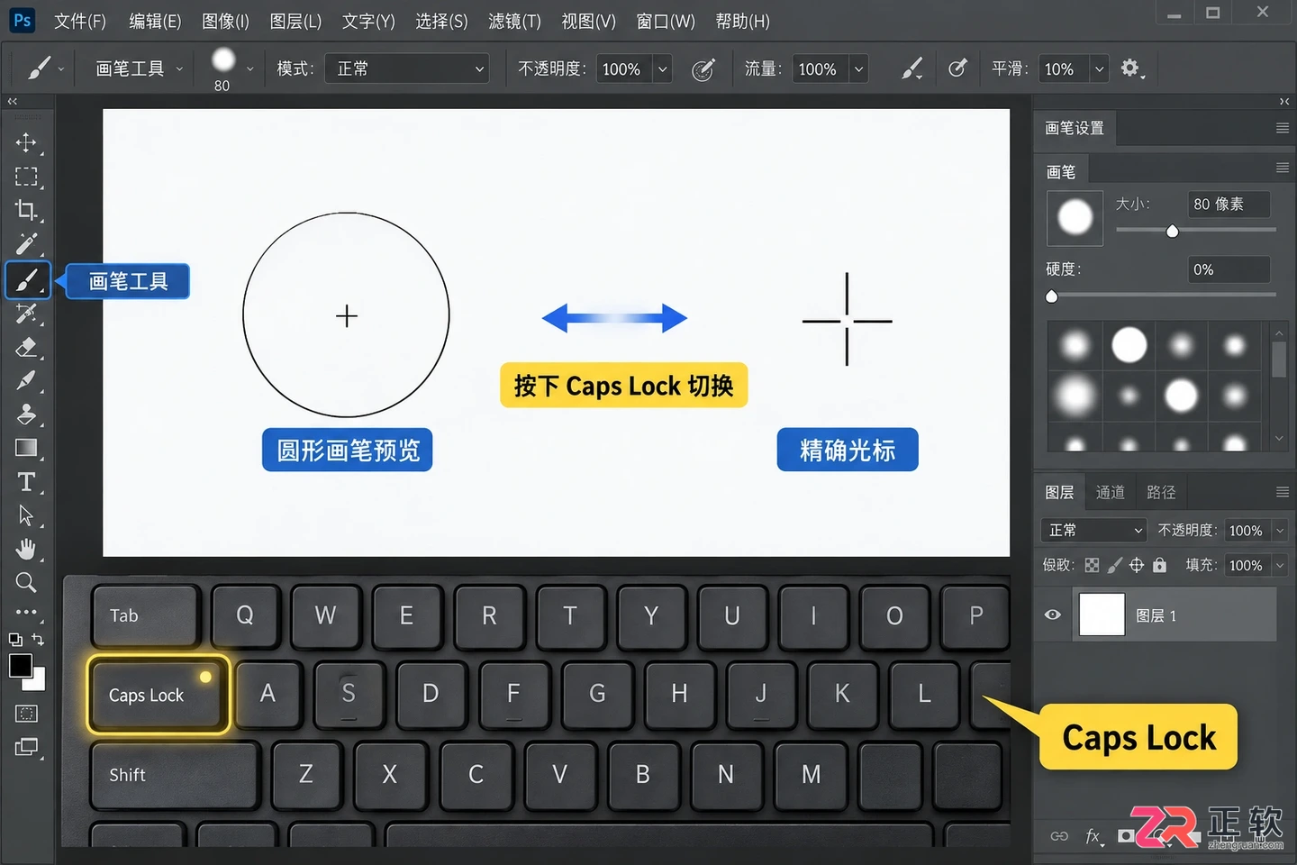 Photoshop调整画笔大小时不显示圆圈的解决方法