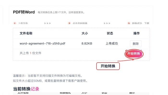 PDF.cn PDF转Word页面点击开始转换的真实步骤图