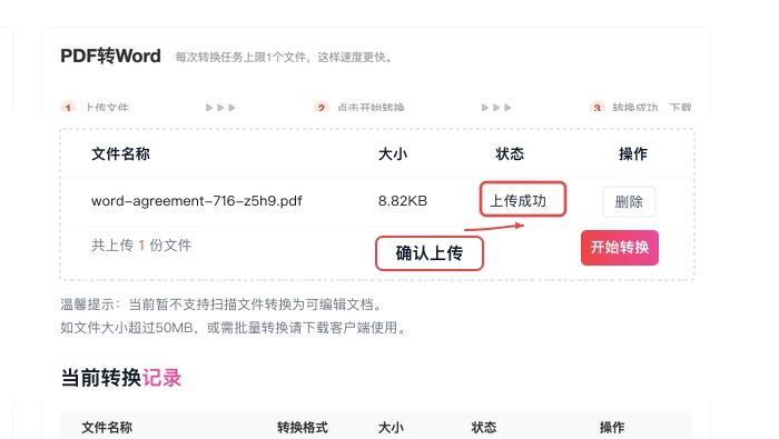 PDF.cn PDF转Word页面显示文件上传成功的真实步骤图