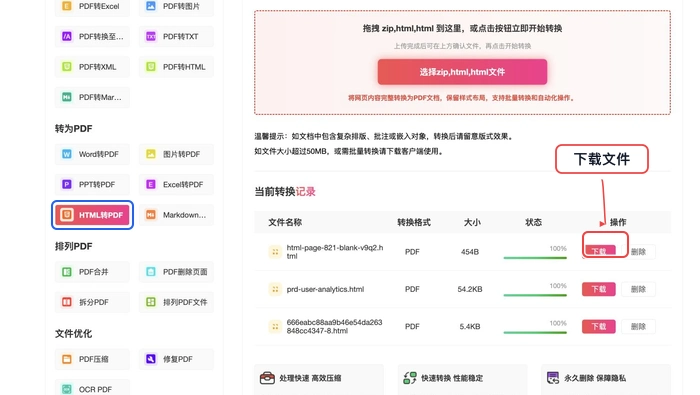 PDF.cn HTML转PDF转换完成后下载PDF的真实步骤图