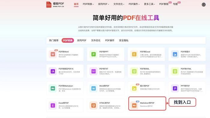 PDF.cn 首页找到Markdown转PDF入口的真实步骤图