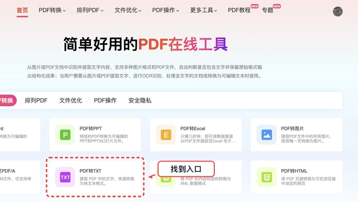PDF转TXT找到对应工具入口真实中文页面图